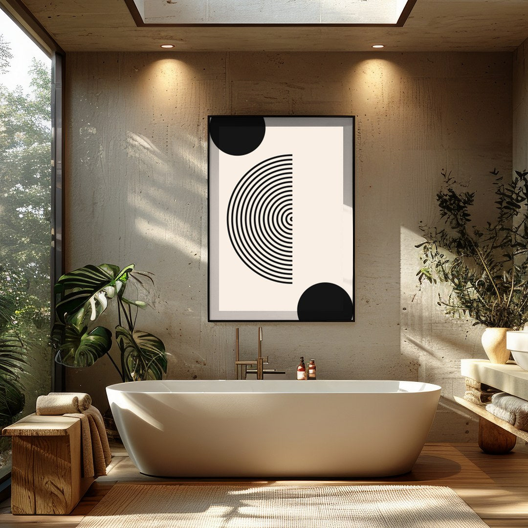 Dive into simplicity with this striking abstract piece featuring bold black spheres interwoven with for Bathroom