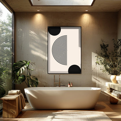 Dive into simplicity with this striking abstract piece featuring bold black spheres interwoven with for Bathroom