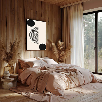 Dive into simplicity with this striking abstract piece featuring bold black spheres interwoven with for Bedroom