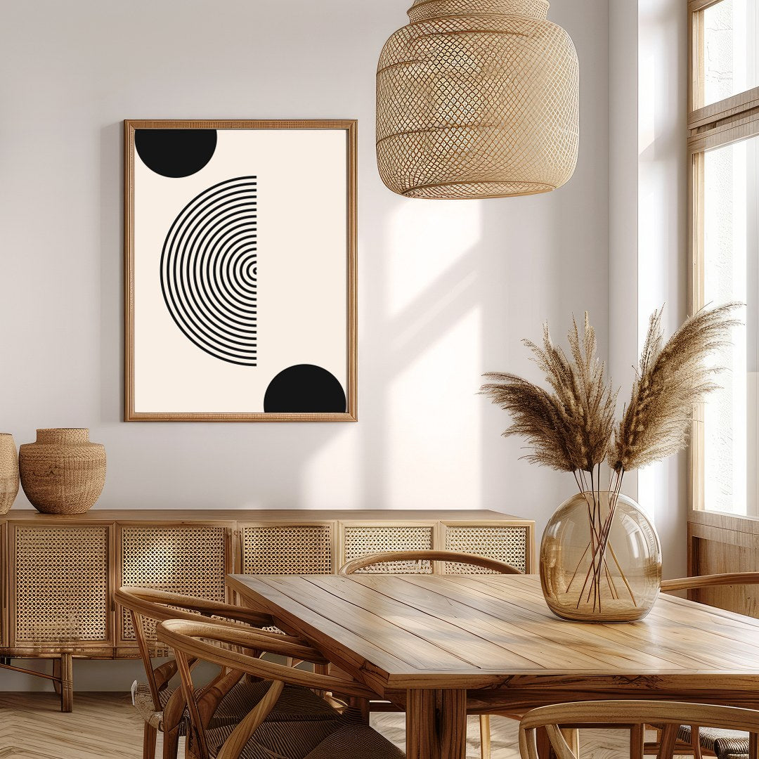 Dive into simplicity with this striking abstract piece featuring bold black spheres interwoven with for Extra Kitchen