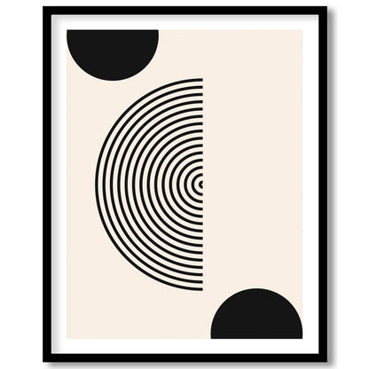 Dive into simplicity with this striking abstract piece featuring bold black spheres interwoven with for haven