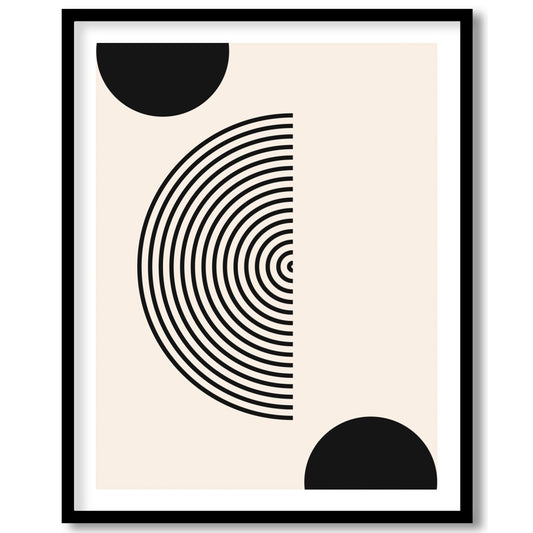 Dive into simplicity with this striking abstract piece featuring bold black spheres interwoven with for haven
