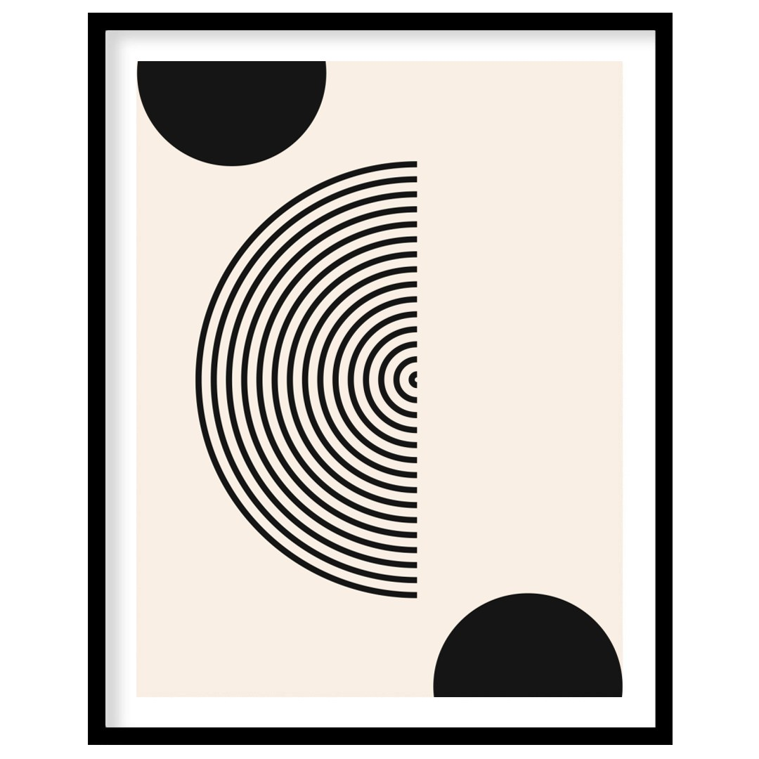 Dive into simplicity with this striking abstract piece featuring bold black spheres interwoven with for haven