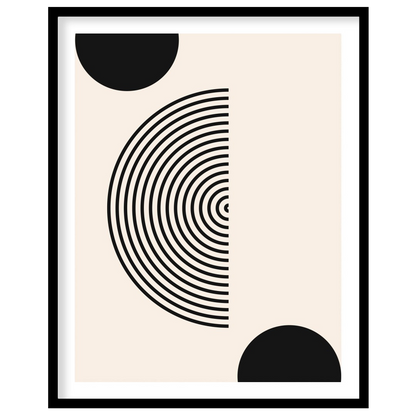 Dive into simplicity with this striking abstract piece featuring bold black spheres interwoven with for haven