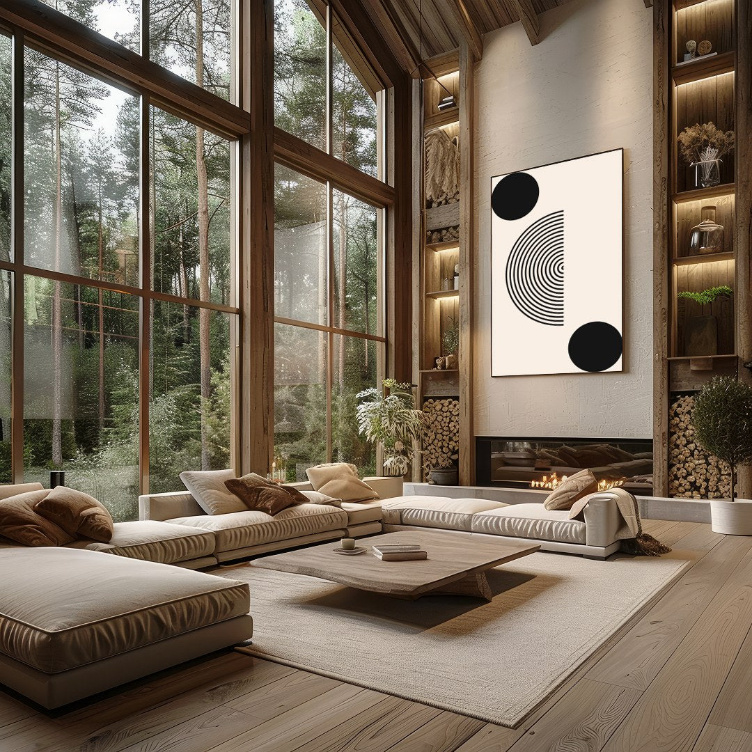 Dive into simplicity with this striking abstract piece featuring bold black spheres interwoven with for Living Room