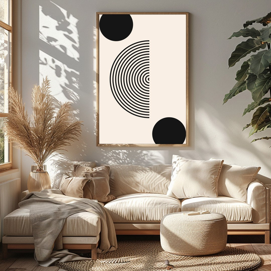 Dive into simplicity with this striking abstract piece featuring bold black spheres interwoven with for Sitting Area