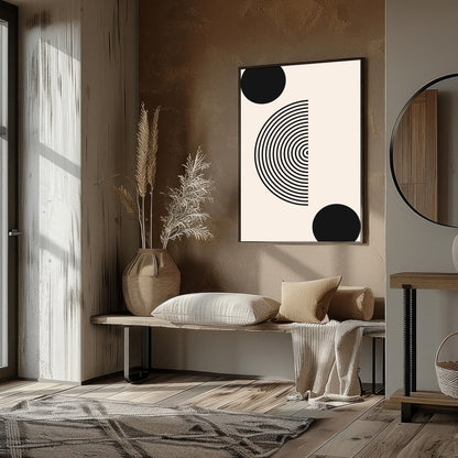 Dive into simplicity with this striking abstract piece featuring bold black spheres interwoven with for space