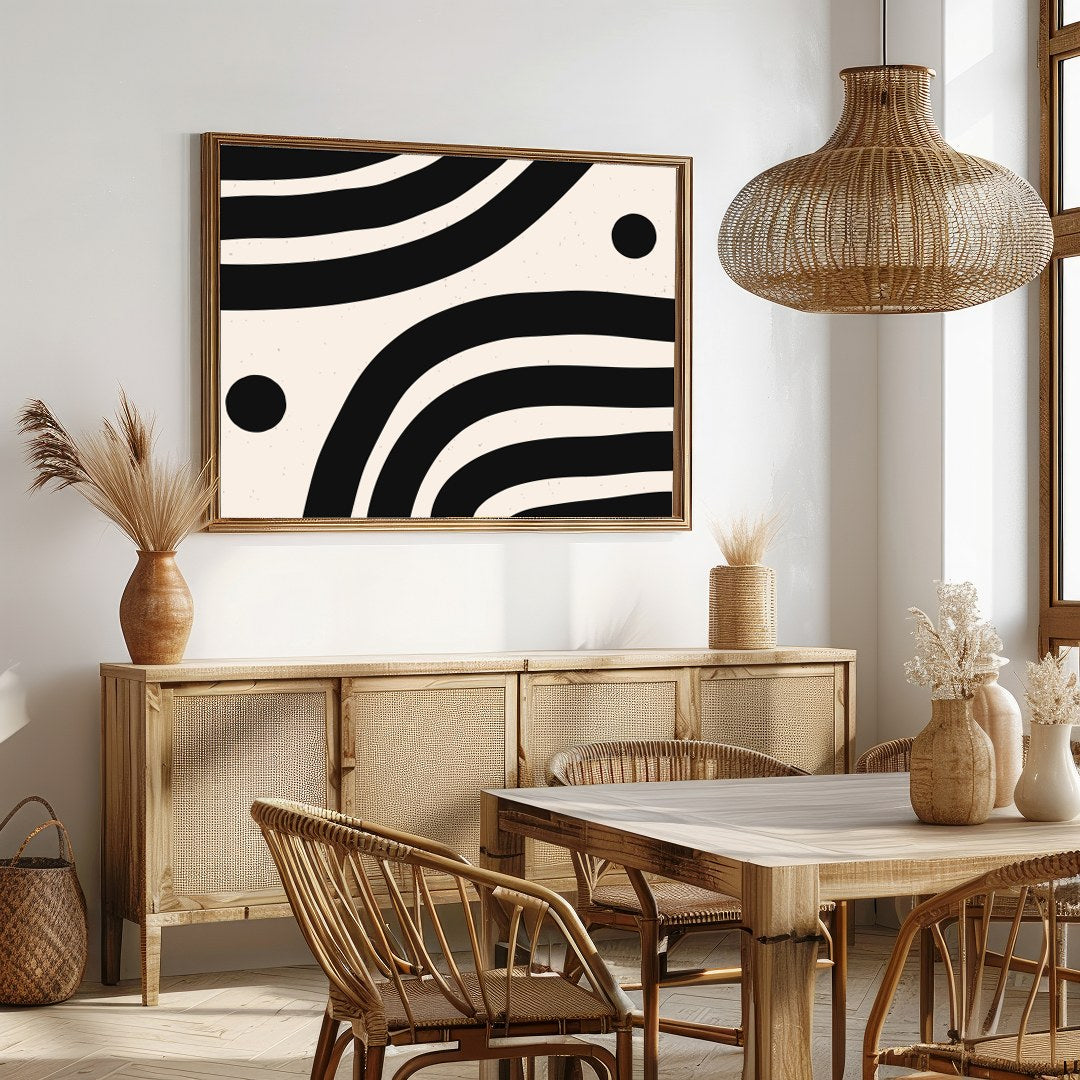 This striking artwork captures the elegance of minimalism with its bold black wave-like lines set for Dining