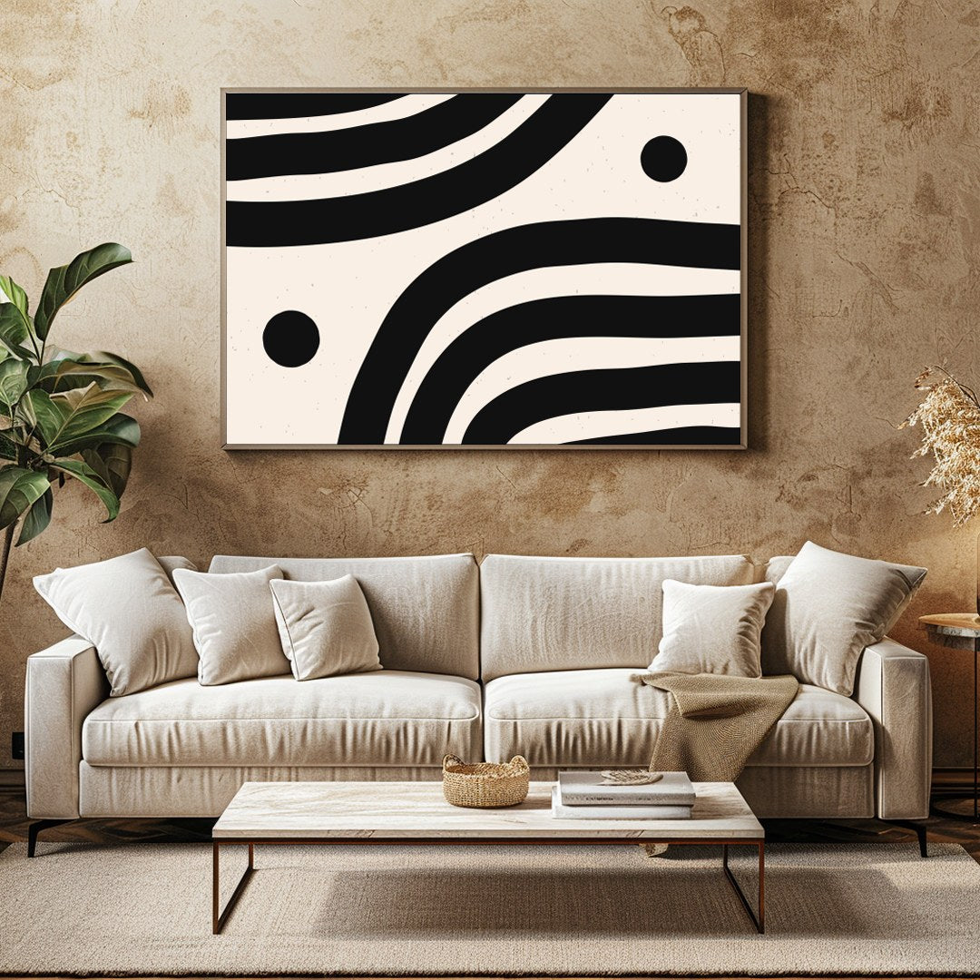 This striking artwork captures the elegance of minimalism with its bold black wave-like lines set for Family Room