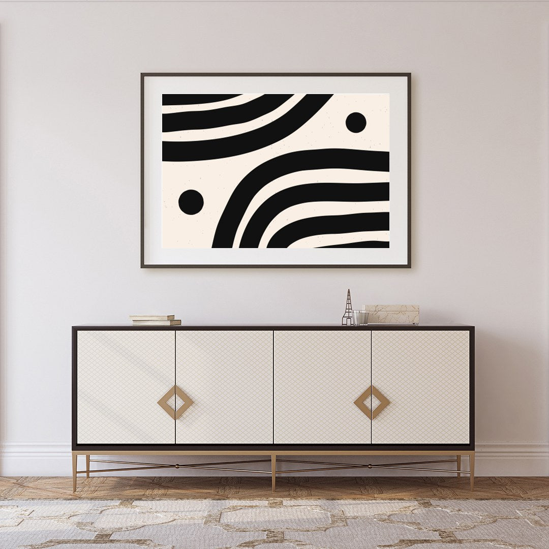 This striking artwork captures the elegance of minimalism with its bold black wave-like lines set for Foyer