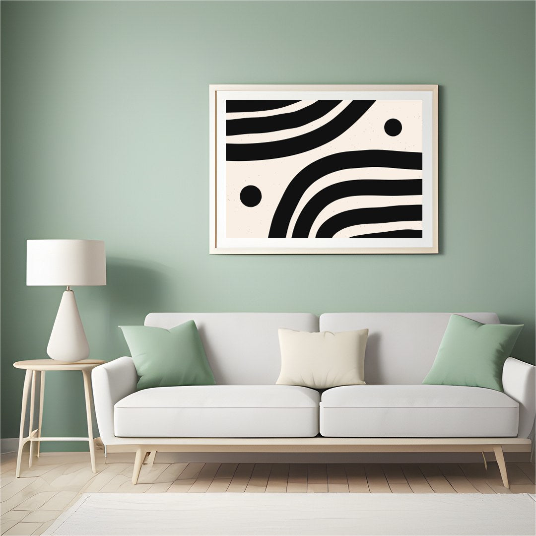 This striking artwork captures the elegance of minimalism with its bold black wave-like lines set for Hall