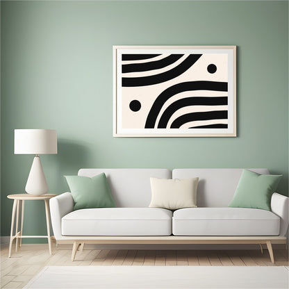 This striking artwork captures the elegance of minimalism with its bold black wave-like lines set for Hall