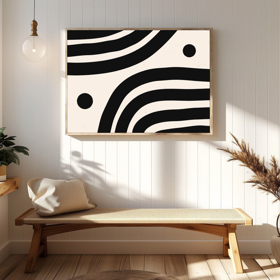 This striking artwork captures the elegance of minimalism with its bold black wave-like lines set for Hallway