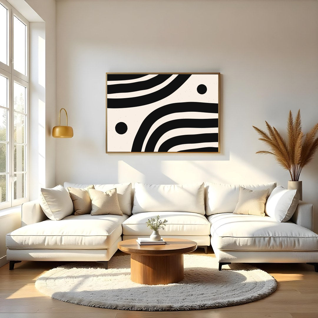 This striking artwork captures the elegance of minimalism with its bold black wave-like lines set for Living Room