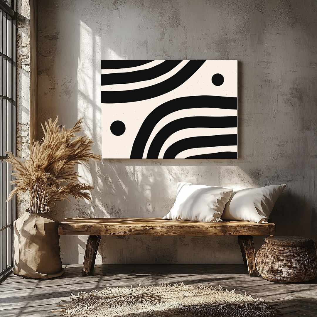 This striking artwork captures the elegance of minimalism with its bold black wave-like lines set for Veranda