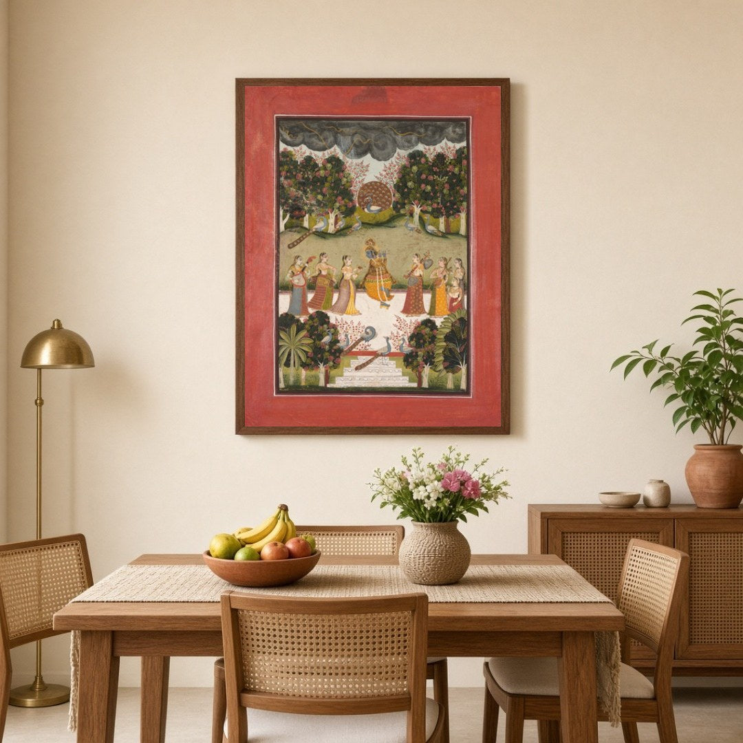Immerse yourself in the enchanting dance of Krishna and Gopis under a monsoon sky. This exquisite for Dining