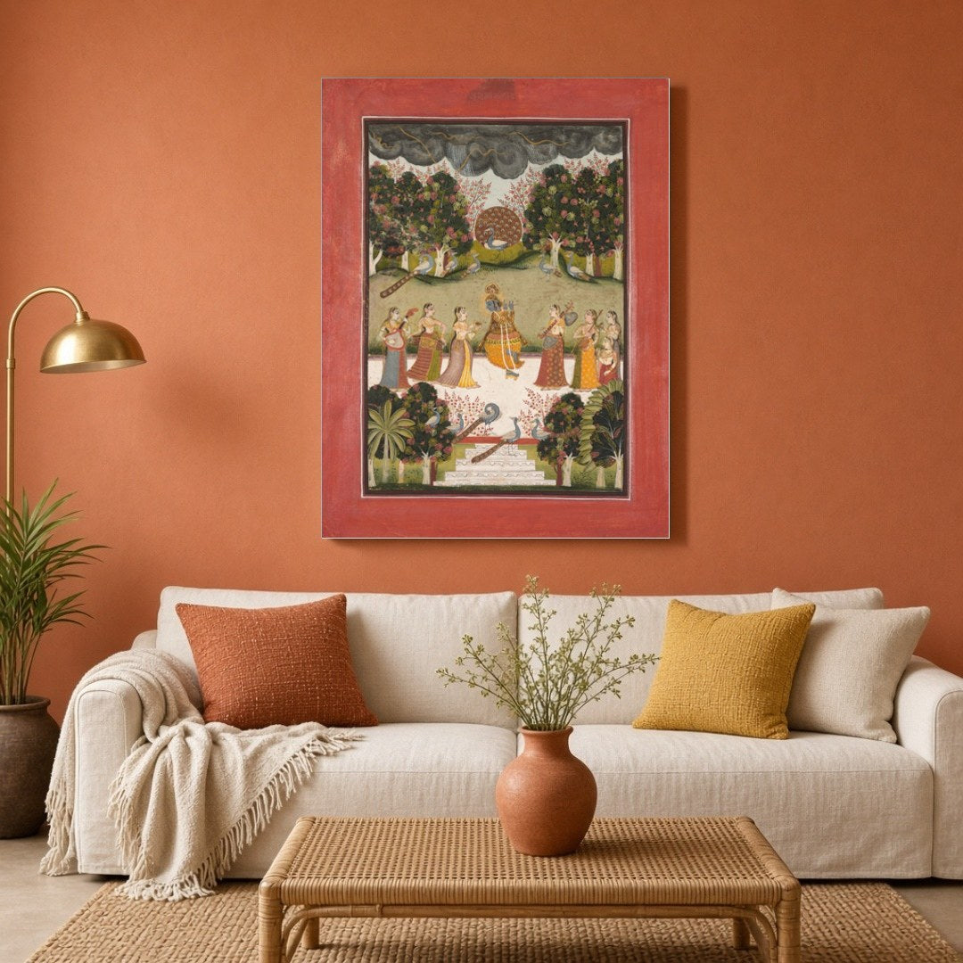 Immerse yourself in the enchanting dance of Krishna and Gopis under a monsoon sky. This exquisite for Living Room