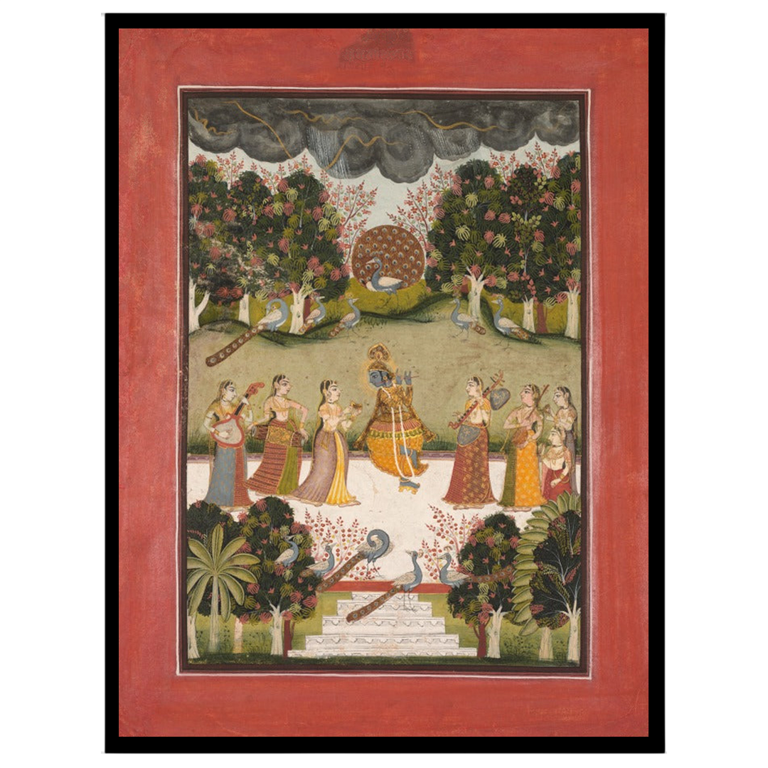 Immerse yourself in the enchanting dance of Krishna and Gopis under a monsoon sky. This exquisite for retreat