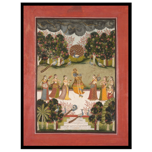 Immerse yourself in the enchanting dance of Krishna and Gopis under a monsoon sky. This exquisite for retreat