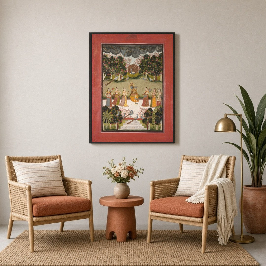 Immerse yourself in the enchanting dance of Krishna and Gopis under a monsoon sky. This exquisite for Sitting Lounge