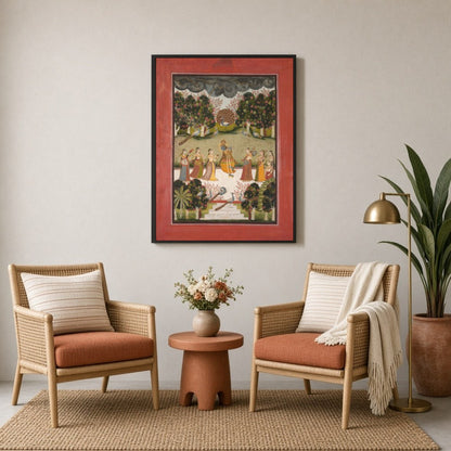 Immerse yourself in the enchanting dance of Krishna and Gopis under a monsoon sky. This exquisite for Sitting Lounge
