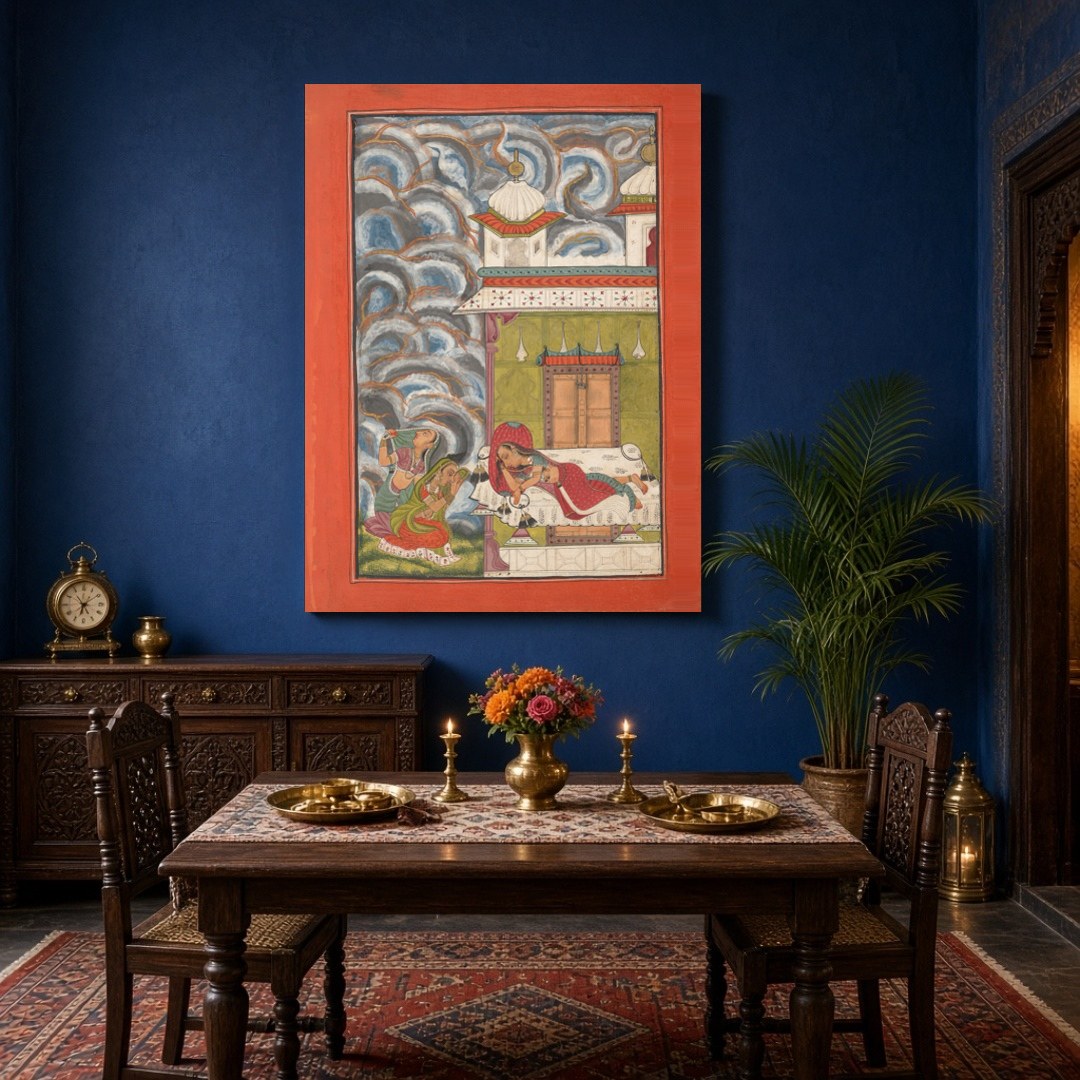 Immerse yourself in the enchanting world of Ragamala with this captivating artwork. A serene lady for Dining