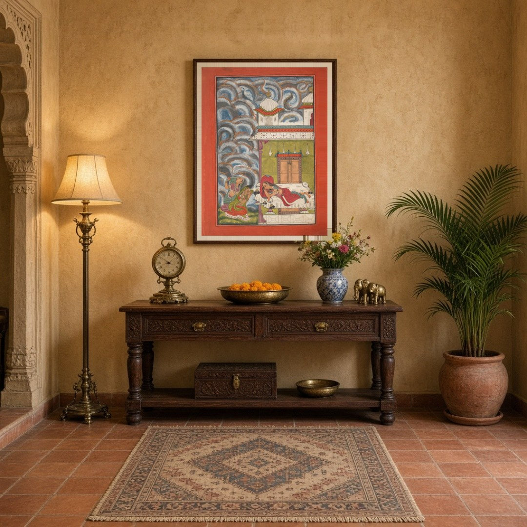 Immerse yourself in the enchanting world of Ragamala with this captivating artwork. A serene lady for Entrance