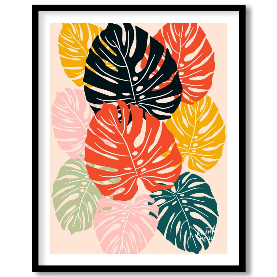 This vibrant digital illustration features a mosaic of stylized Monstera leaves, rendered in a stri… for area