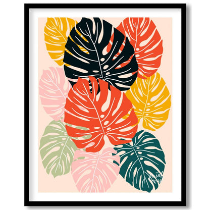 This vibrant digital illustration features a mosaic of stylized Monstera leaves, rendered in a stri… for area
