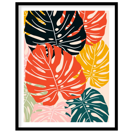 This vibrant digital illustration features a mosaic of stylized Monstera leaves, rendered in a stri… for area