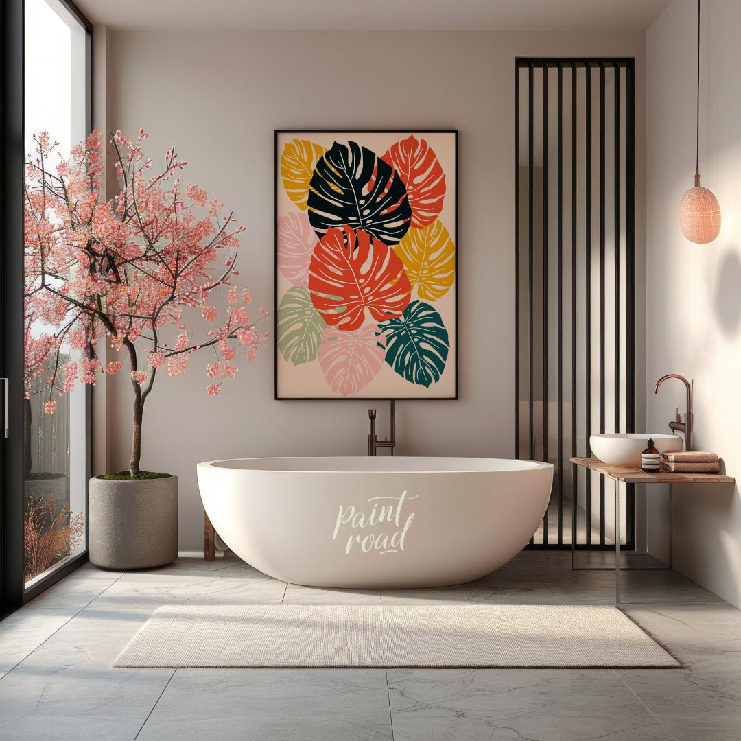 This vibrant digital illustration features a mosaic of stylized Monstera leaves, rendered in a stri… for bathroom