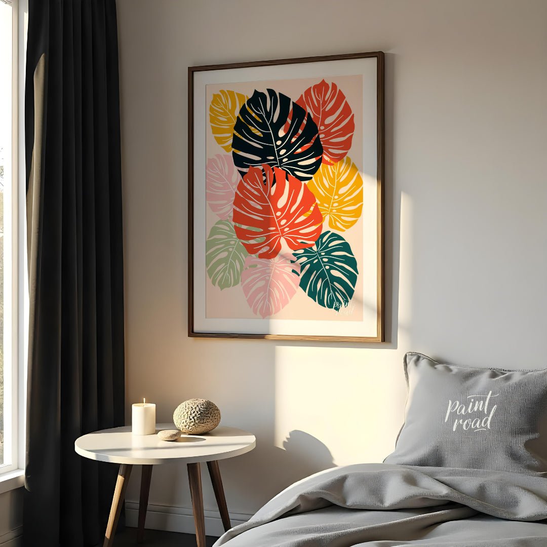 This vibrant digital illustration features a mosaic of stylized Monstera leaves, rendered in a stri… for bedroom