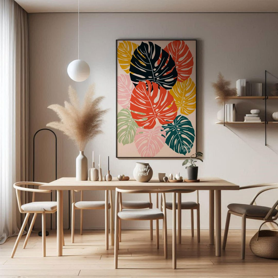This vibrant digital illustration features a mosaic of stylized Monstera leaves, rendered in a stri… for dining room