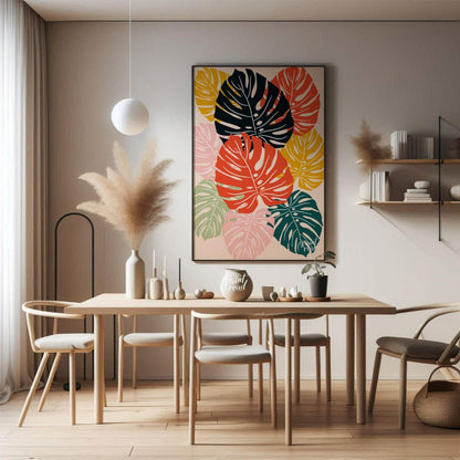 This vibrant digital illustration features a mosaic of stylized Monstera leaves, rendered in a stri… for dining room