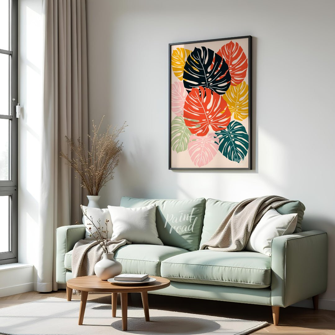 This vibrant digital illustration features a mosaic of stylized Monstera leaves, rendered in a stri… for living room
