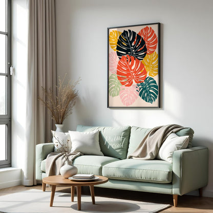 This vibrant digital illustration features a mosaic of stylized Monstera leaves, rendered in a stri… for living room
