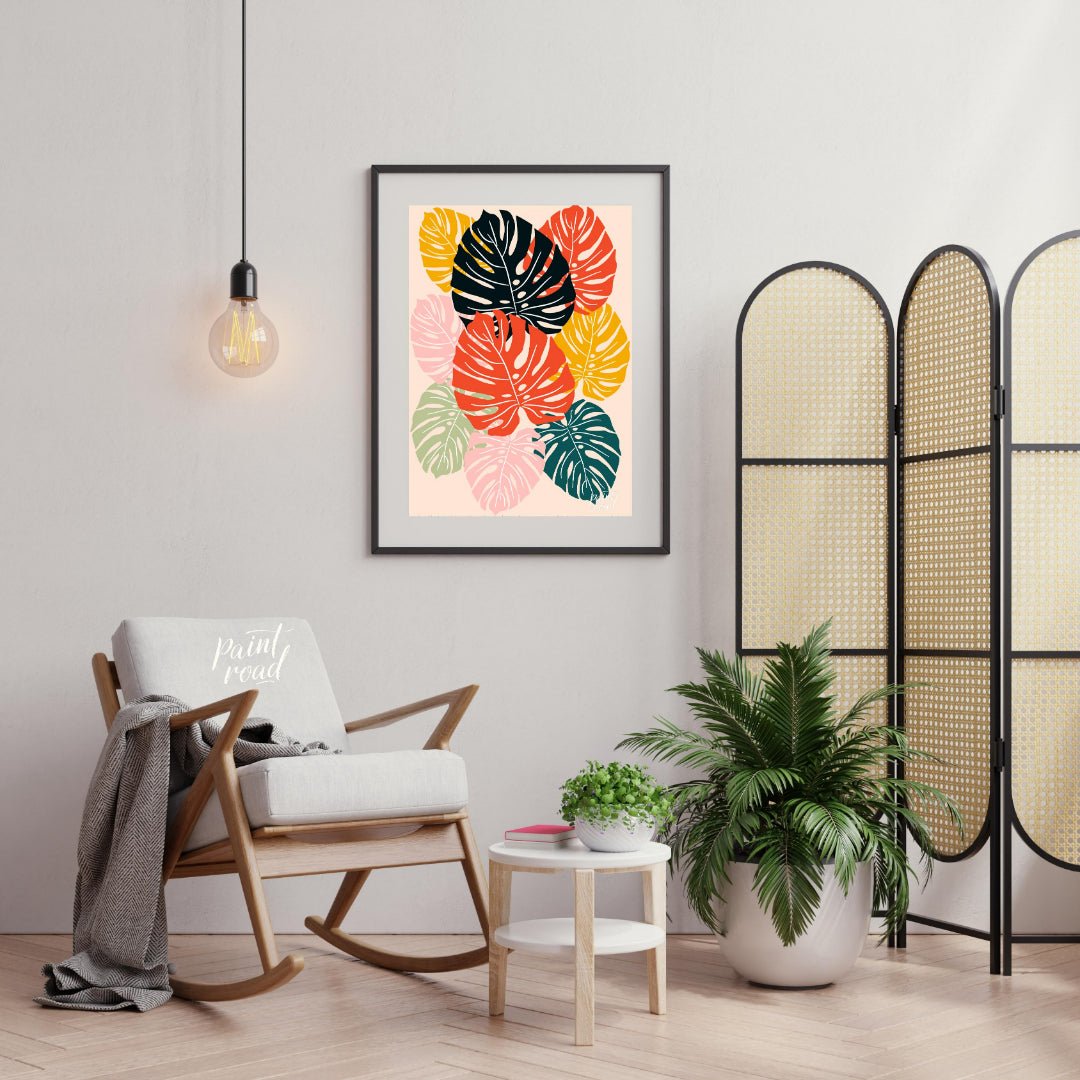 This vibrant digital illustration features a mosaic of stylized Monstera leaves, rendered in a stri… for living room