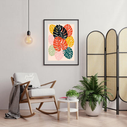 This vibrant digital illustration features a mosaic of stylized Monstera leaves, rendered in a stri… for living room