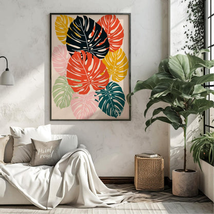 This vibrant digital illustration features a mosaic of stylized Monstera leaves, rendered in a stri… for living room
