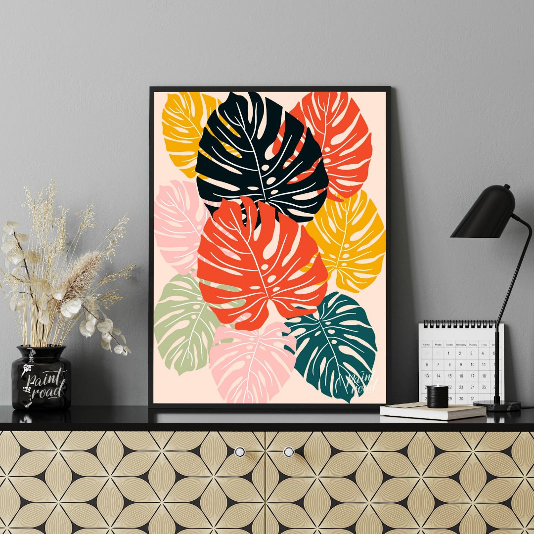 This vibrant digital illustration features a mosaic of stylized Monstera leaves, rendered in a stri… for office