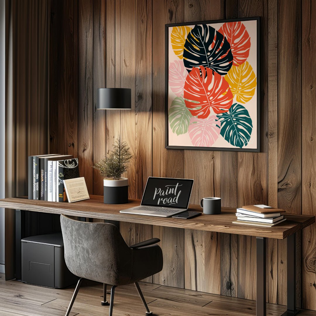 This vibrant digital illustration features a mosaic of stylized Monstera leaves, rendered in a stri… for office