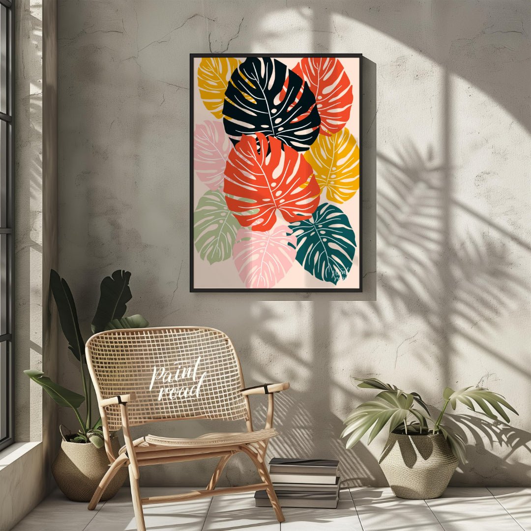 This vibrant digital illustration features a mosaic of stylized Monstera leaves, rendered in a stri… for other