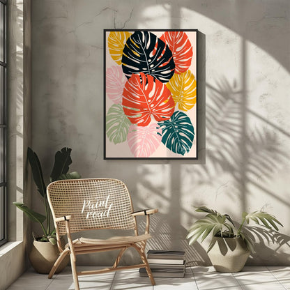 This vibrant digital illustration features a mosaic of stylized Monstera leaves, rendered in a stri… for other
