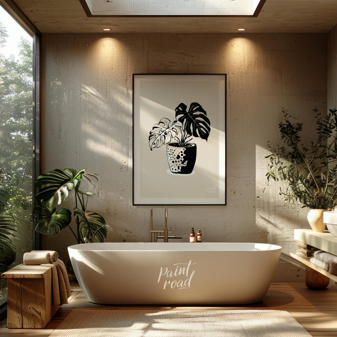 This elegant digital illustration features a Monstera plant in a stylized pot, rendered in a striki… for bathroom