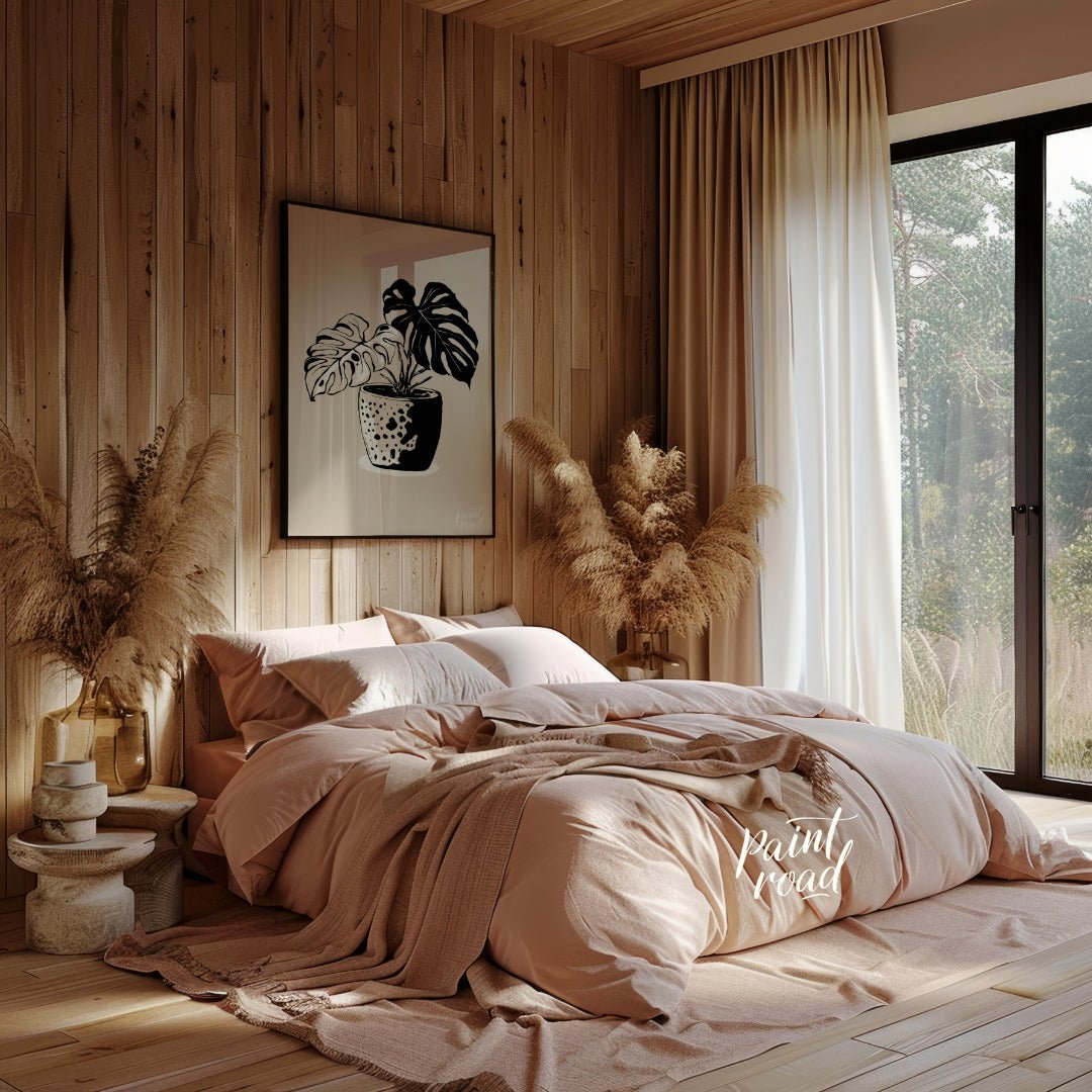 This elegant digital illustration features a Monstera plant in a stylized pot, rendered in a striki… for bedroom