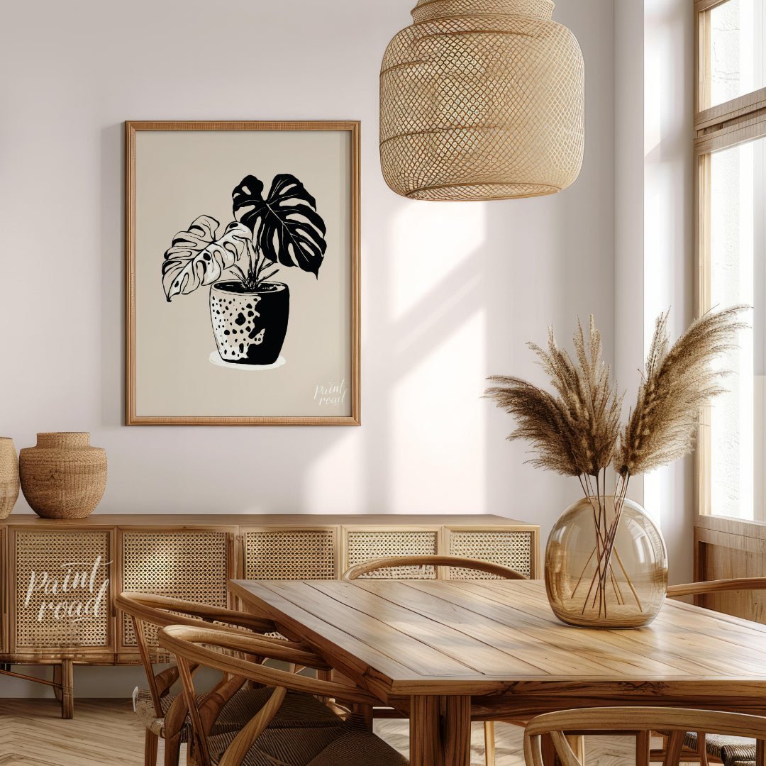 This elegant digital illustration features a Monstera plant in a stylized pot, rendered in a striki… for dining room