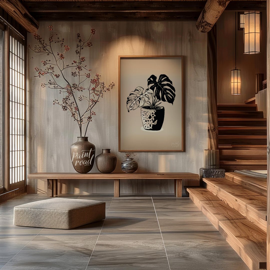 This elegant digital illustration features a Monstera plant in a stylized pot, rendered in a striki… for entryway