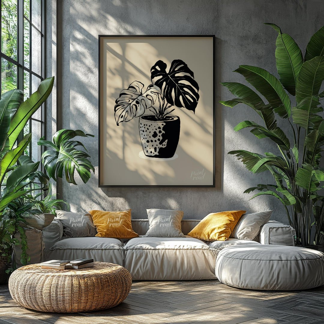 This elegant digital illustration features a Monstera plant in a stylized pot, rendered in a striki… for living room