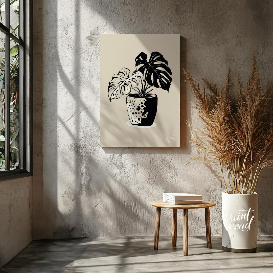 This elegant digital illustration features a Monstera plant in a stylized pot, rendered in a striki… for living room
