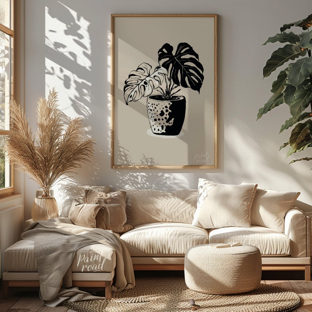 This elegant digital illustration features a Monstera plant in a stylized pot, rendered in a striki… for living room